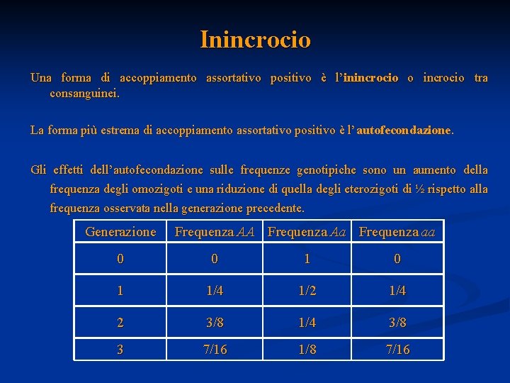 Inincrocio Una forma di accoppiamento assortativo positivo è l’inincrocio o incrocio tra consanguinei. La