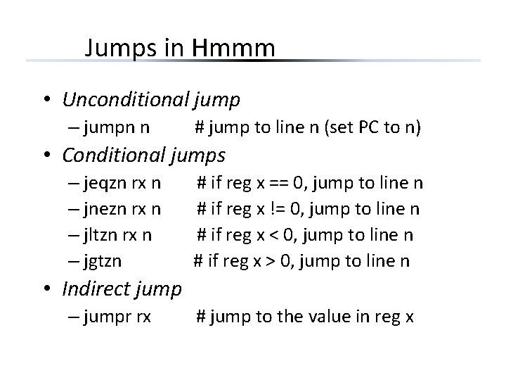 Jumps in Hmmm • Unconditional jump – jumpn n # jump to line n