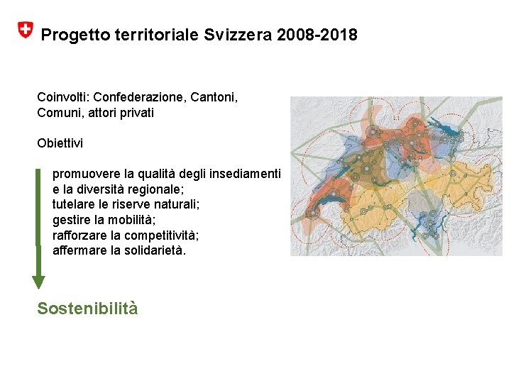 Progetto territoriale Svizzera 2008 -2018 Coinvolti: Confederazione, Cantoni, Comuni, attori privati Obiettivi • promuovere