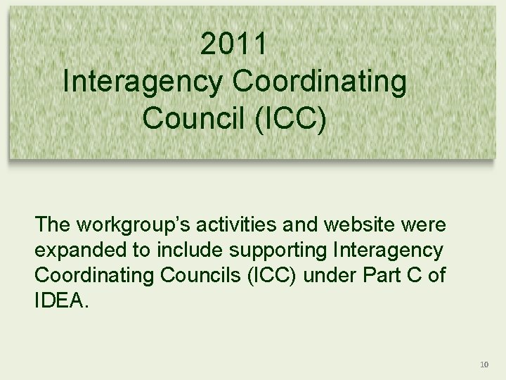 2011 Interagency Coordinating Council (ICC) The workgroup’s activities and website were expanded to include