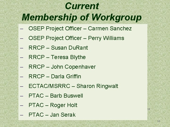 Current Membership of Workgroup – OSEP Project Officer – Carmen Sanchez – OSEP Project