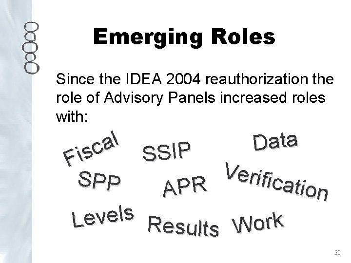 Emerging Roles Since the IDEA 2004 reauthorization the role of Advisory Panels increased roles