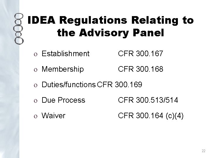 IDEA Regulations Relating to the Advisory Panel o Establishment CFR 300. 167 o Membership