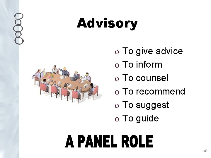 Advisory o o o To give advice To inform To counsel To recommend To