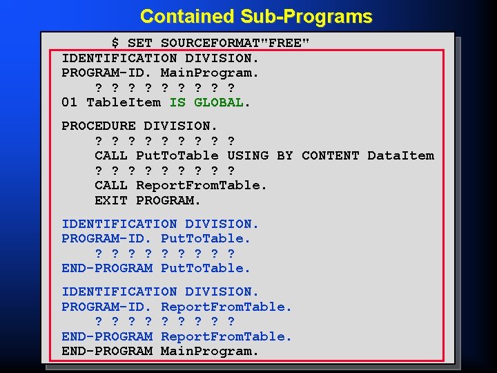 Contained Sub-Programs $ SET SOURCEFORMAT"FREE" IDENTIFICATION DIVISION. PROGRAM-ID. Main. Program. ? ? ? ?