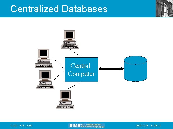 Centralized Databases Central Computer IS 202 – FALL 2005 -10 -06 - SLIDE 15