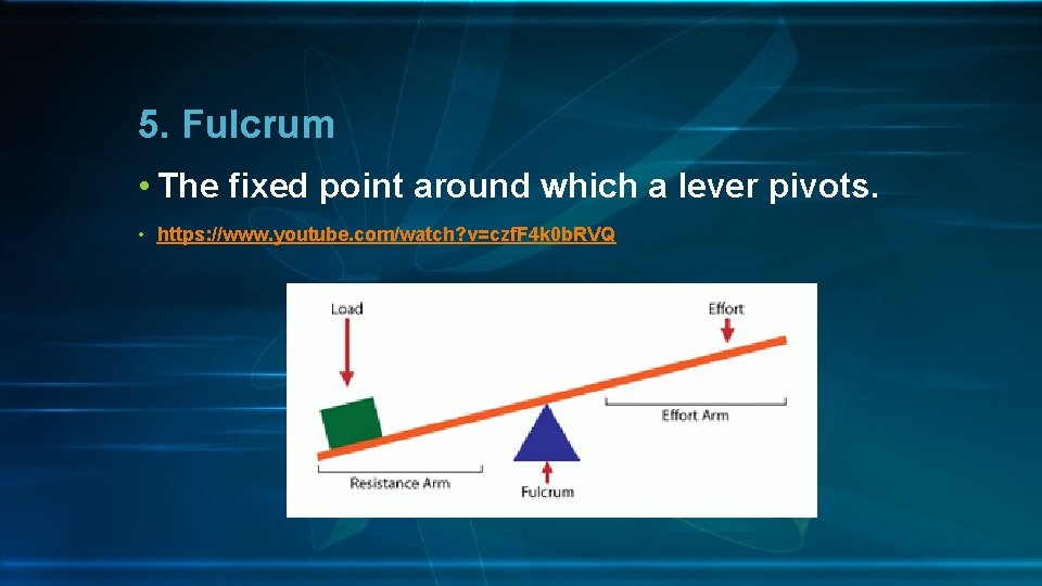 5. Fulcrum • The fixed point around which a lever pivots. • https: //www.