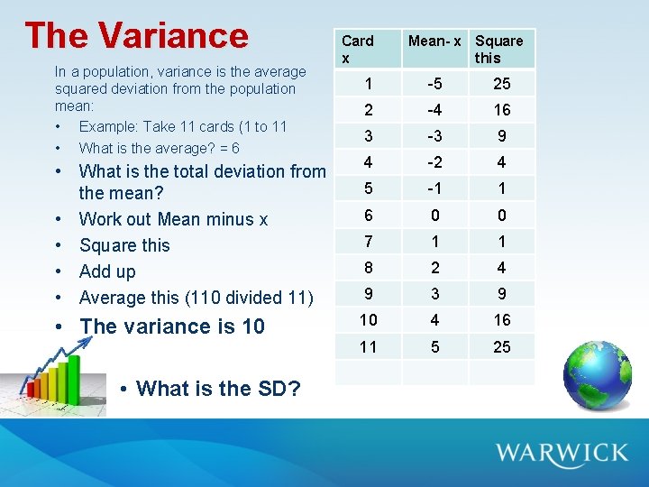 The Variance In a population, variance is the average squared deviation from the population The Variance In a population, variance is the average squared deviation from the population