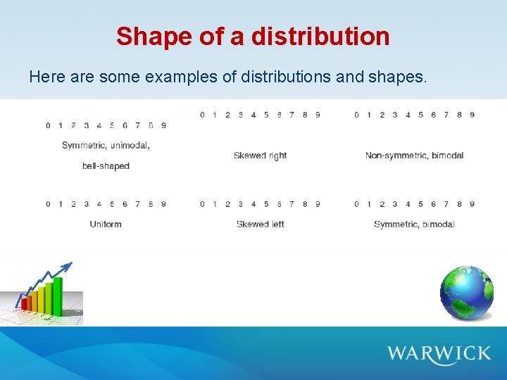 Shape of a distribution Here are some examples of distributions and shapes. Shape of a distribution Here are some examples of distributions and shapes.