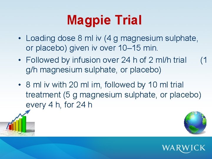 Magpie Trial • Loading dose 8 ml iv (4 g magnesium sulphate, or placebo) Magpie Trial • Loading dose 8 ml iv (4 g magnesium sulphate, or placebo)