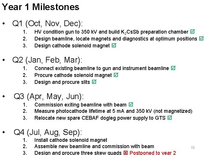 Year 1 Milestones • Q 1 (Oct, Nov, Dec): 1. 2. 3. HV condition