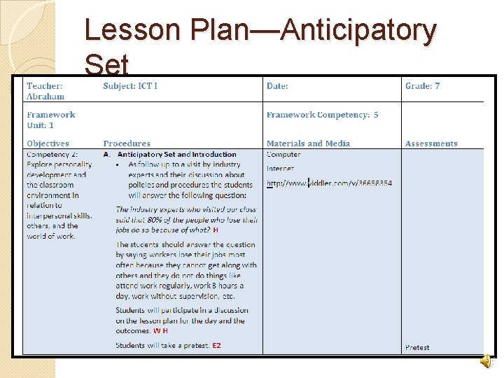 Lesson Plan—Anticipatory Set 