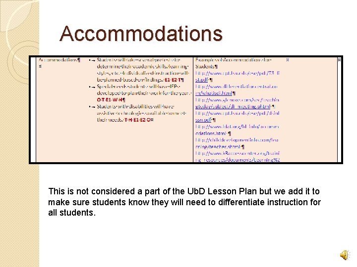 Accommodations This is not considered a part of the Ub. D Lesson Plan but