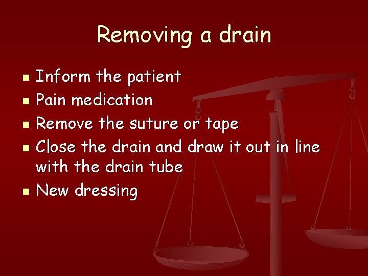 Removing a drain n n Inform the patient Pain medication Remove the suture or