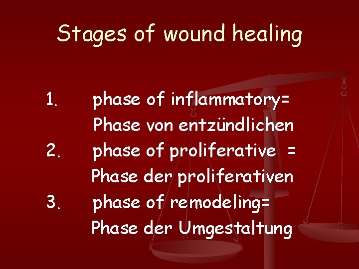 Stages of wound healing 1. 2. 3. phase of inflammatory= Phase von entzündlichen phase