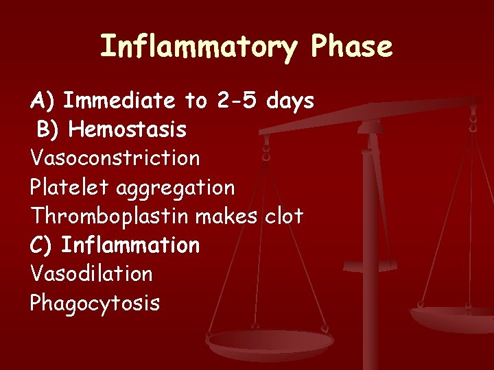 Inflammatory Phase A) Immediate to 2 -5 days B) Hemostasis Vasoconstriction Platelet aggregation Thromboplastin