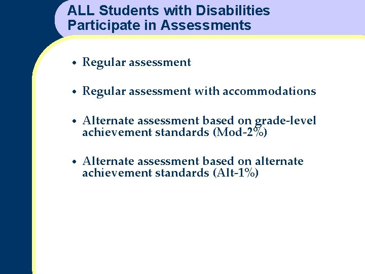 ALL Students with Disabilities Participate in Assessments · Regular assessment with accommodations · Alternate