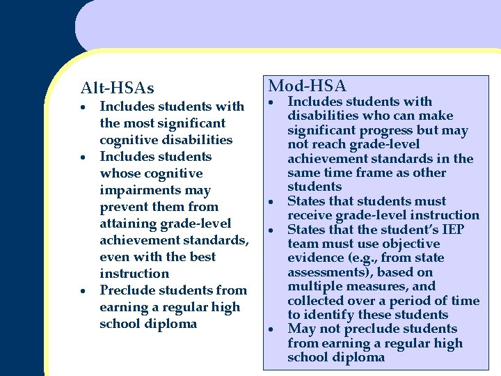 Alt-HSAs · · · Includes students with the most significant cognitive disabilities Includes students