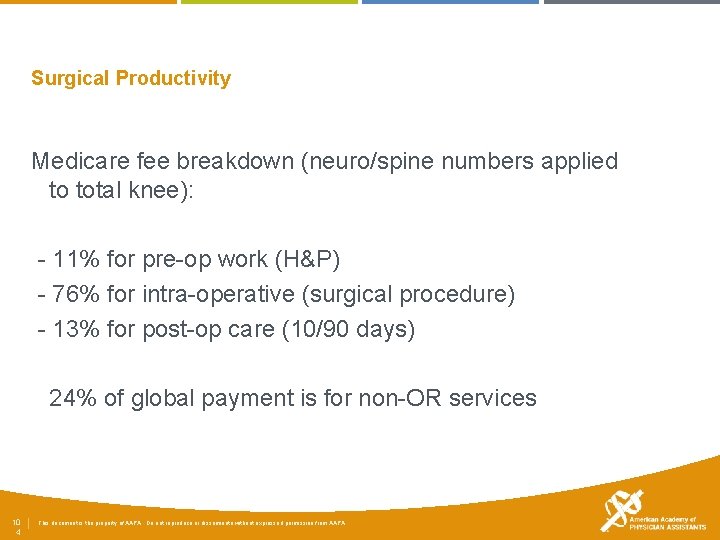 Surgical Productivity Medicare fee breakdown (neuro/spine numbers applied to total knee): - 11% for