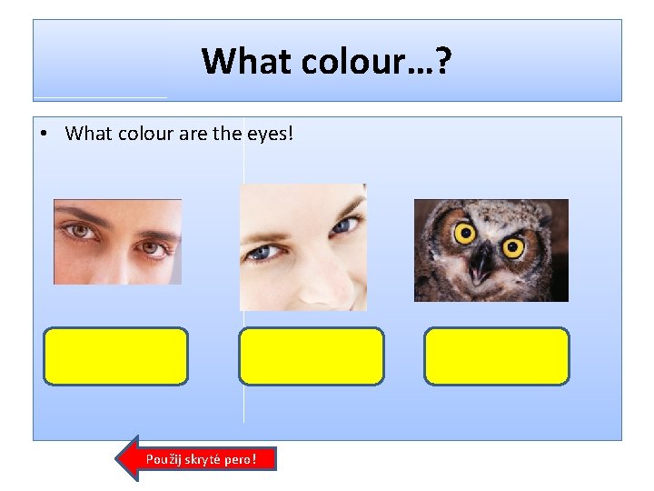 What colour…? • What colour are the eyes! Použij skryté pero! 