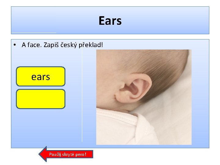 Ears • A face. Zapiš český překlad! ears Použij skryté pero! 