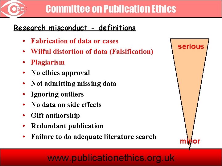 Committee on Publication Ethics Research misconduct - definitions • • • Fabrication of data