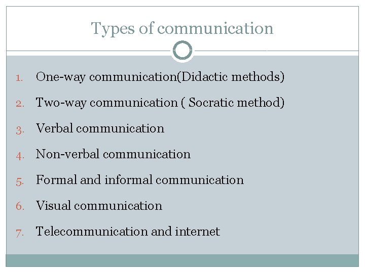 Types of communication 1. One-way communication(Didactic methods) 2. Two-way communication ( Socratic method) 3.