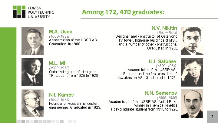 Among 172, 470 graduates: М. А. Usov (1883– 1939) Academician of the USSR AS.