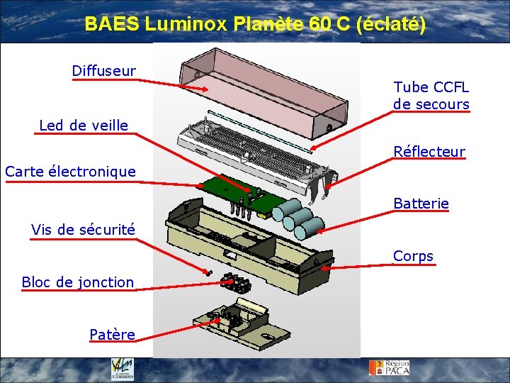 BAES Luminox Planète 60 C (éclaté) Diffuseur Tube CCFL de secours Led de veille