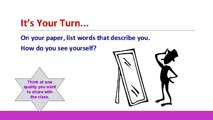 It’s Your Turn. . . On your paper, list words that describe you. How