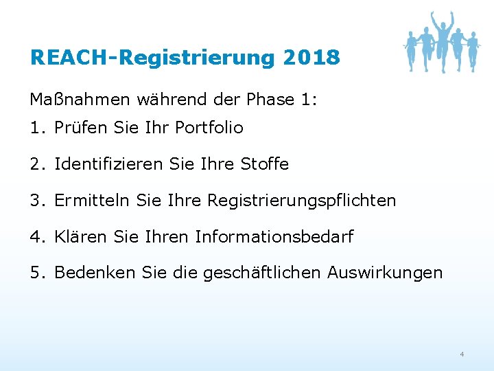REACH-Registrierung 2018 Maßnahmen während der Phase 1: 1. Prüfen Sie Ihr Portfolio 2. Identifizieren