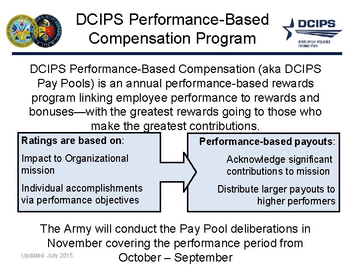 DCIPS Performance-Based Compensation Program DCIPS Performance-Based Compensation (aka DCIPS Pay Pools) is an annual