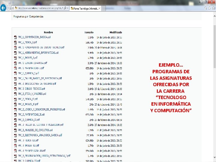 EJEMPLO… PROGRAMAS DE LAS ASIGNATURAS OFRECIDAS POR LA CARRERA “TECNOLOGO EN INFORMÁTICA Y COMPUTACIÓN”
