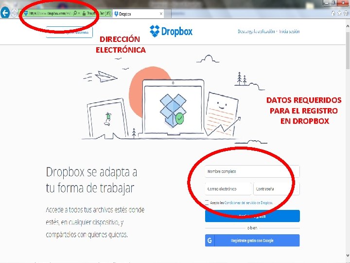 DIRECCIÓN ELECTRÓNICA DATOS REQUERIDOS PARA EL REGISTRO EN DROPBOX 