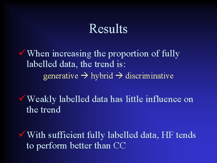 Results When increasing the proportion of fully labelled data, the trend is: generative hybrid