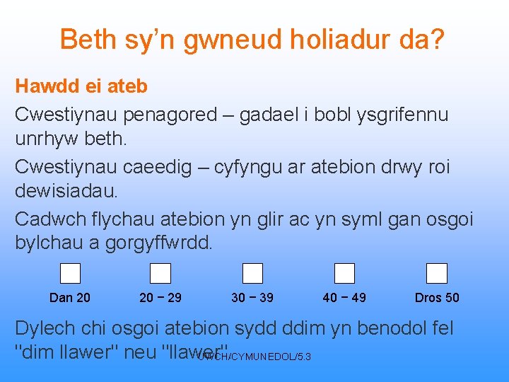 Beth sy’n gwneud holiadur da? Hawdd ei ateb Cwestiynau penagored – gadael i bobl