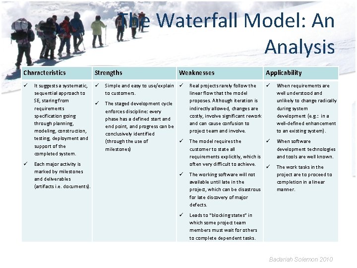 The Waterfall Model: An Analysis Characteristics It suggests a systematic, sequential approach to SE,