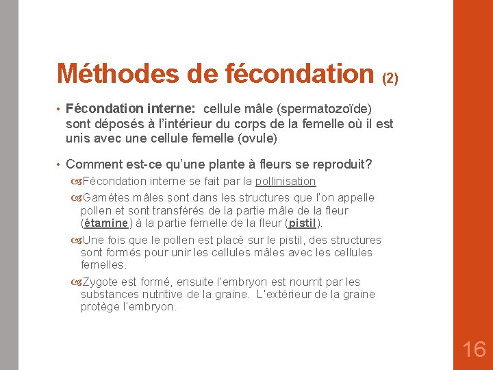 Méthodes de fécondation (2) • Fécondation interne: cellule mâle (spermatozoïde) sont déposés à l’intérieur