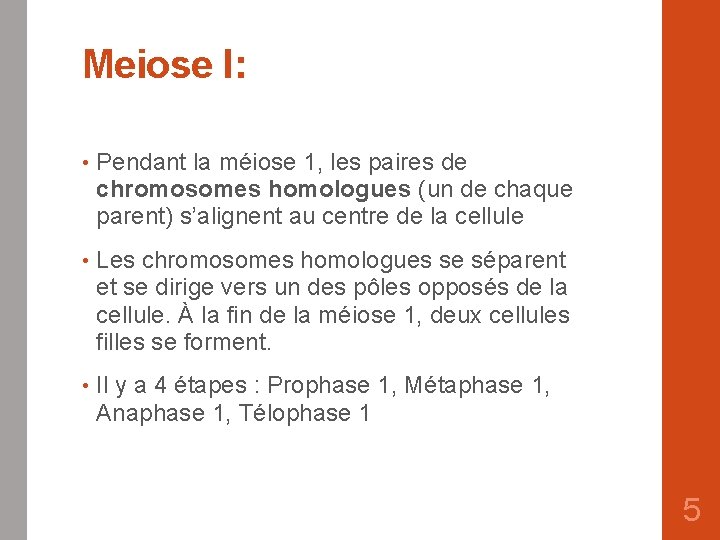 Meiose I: • Pendant la méiose 1, les paires de chromosomes homologues (un de