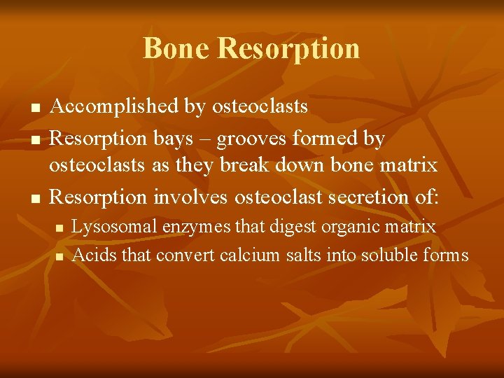 Bone Resorption n Accomplished by osteoclasts Resorption bays – grooves formed by osteoclasts as