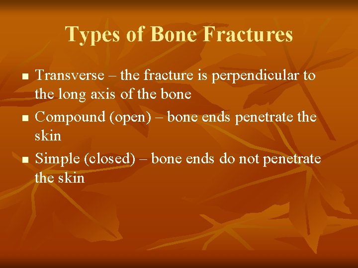 Types of Bone Fractures n n n Transverse – the fracture is perpendicular to