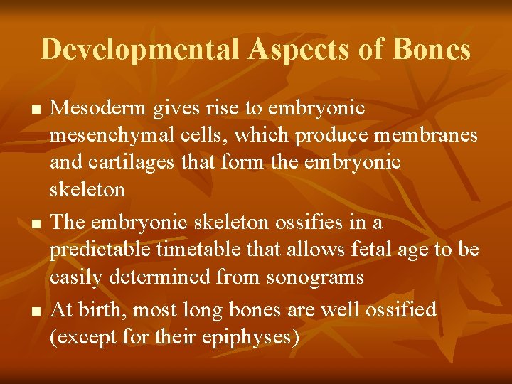 Developmental Aspects of Bones n n n Mesoderm gives rise to embryonic mesenchymal cells,