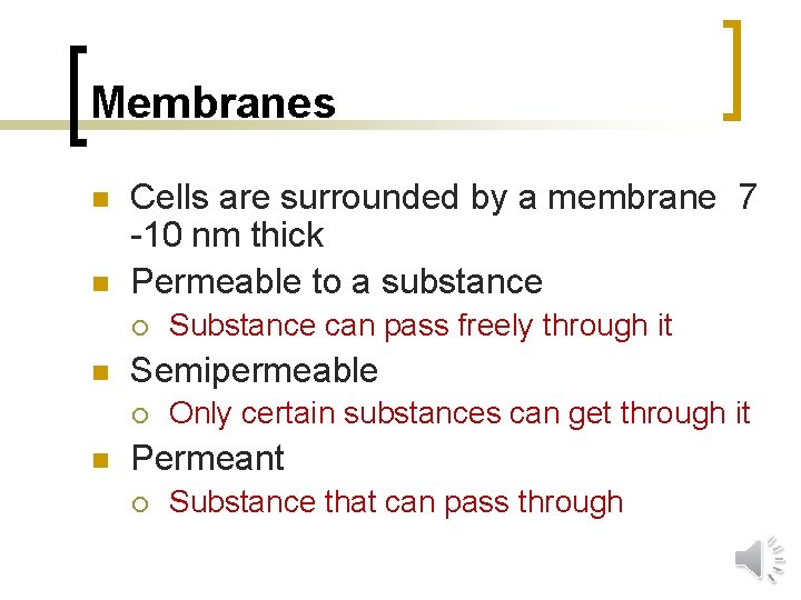 Membranes n n Cells are surrounded by a membrane 7 -10 nm thick Permeable