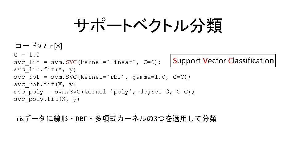 サポートベクトル分類 コード9. 7 In[8] C = 1. 0 Support svc_lin = svm. SVC(kernel='linear', C=C);