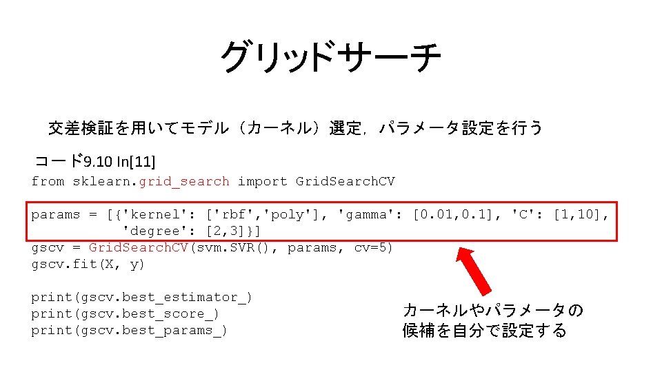グリッドサーチ 交差検証を用いてモデル（カーネル）選定，パラメータ設定を行う コード9. 10 In[11] from sklearn. grid_search import Grid. Search. CV params =