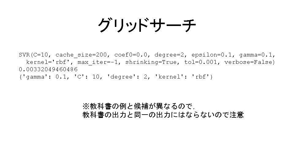 グリッドサーチ SVR(C=10, cache_size=200, coef 0=0. 0, degree=2, epsilon=0. 1, gamma=0. 1, kernel='rbf', max_iter=-1, shrinking=True,