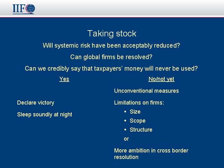 Taking stock Will systemic risk have been acceptably reduced? Can global firms be resolved?