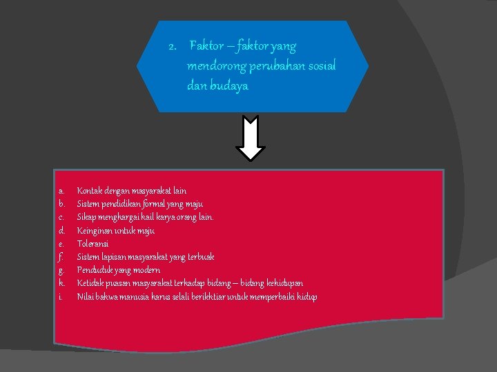 2. Faktor – faktor yang mendorong perubahan sosial dan budaya a. b. c. d. 2. Faktor – faktor yang mendorong perubahan sosial dan budaya a. b. c. d.