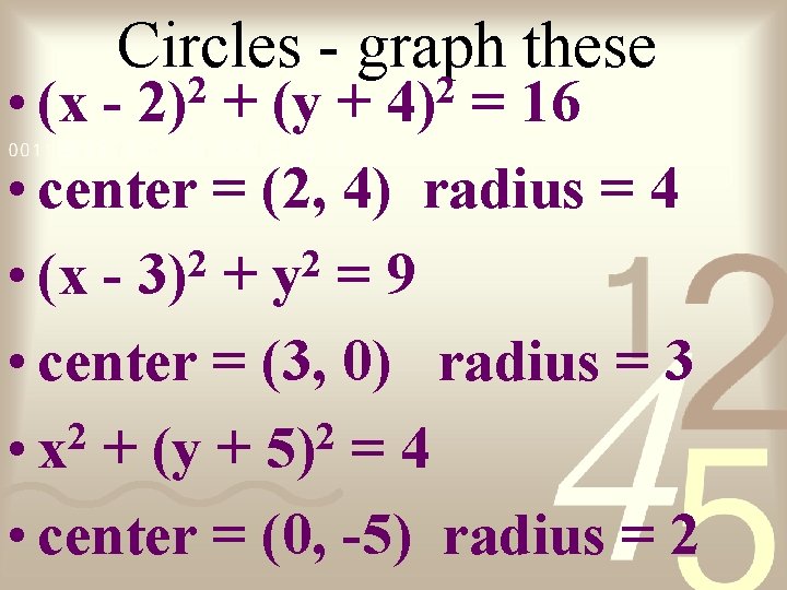 Circles - graph these • (x + (y + = 16 • center =
