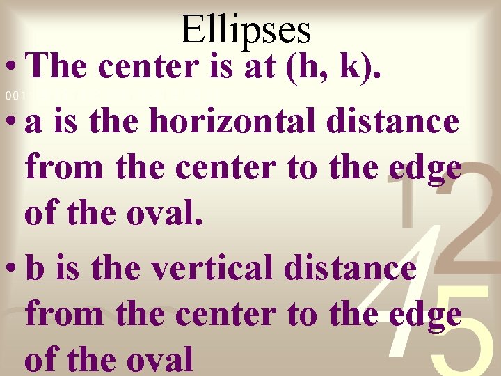 Ellipses • The center is at (h, k). • a is the horizontal distance